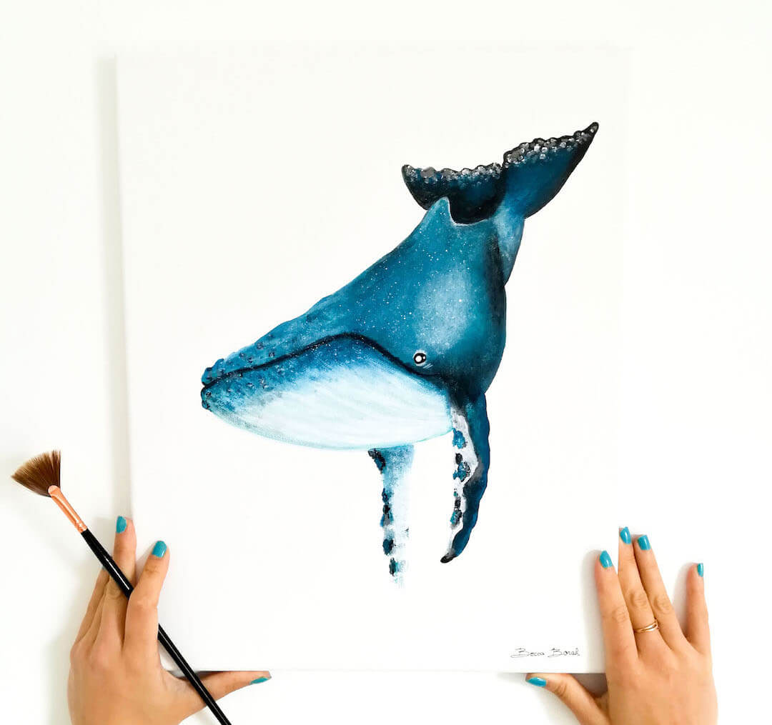 peinture acrylique sur toile de Becca Borah avec une baleine a bosse