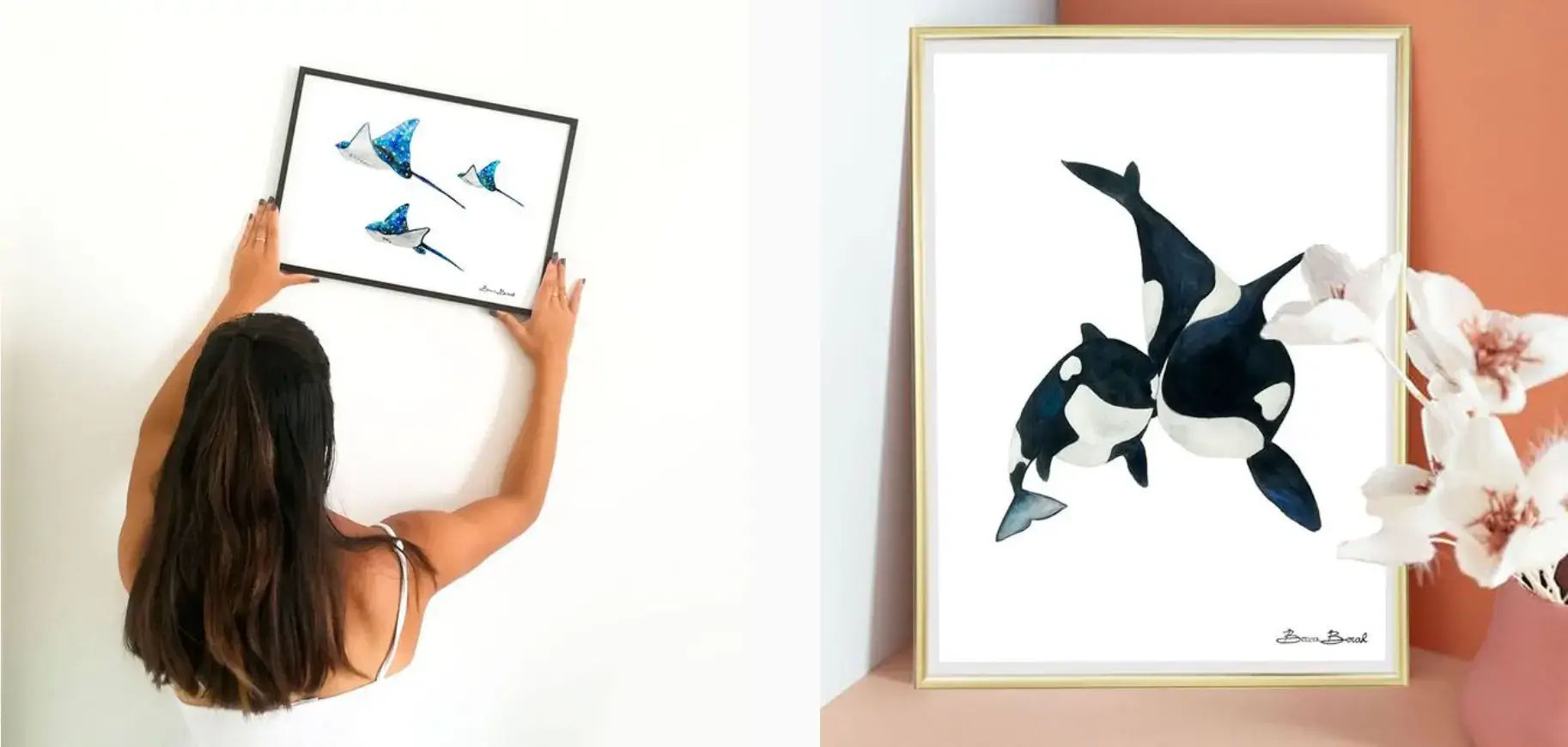 Becca Borah tenant une aquerelle avec des raie et une autre aquarelle avec deux orques