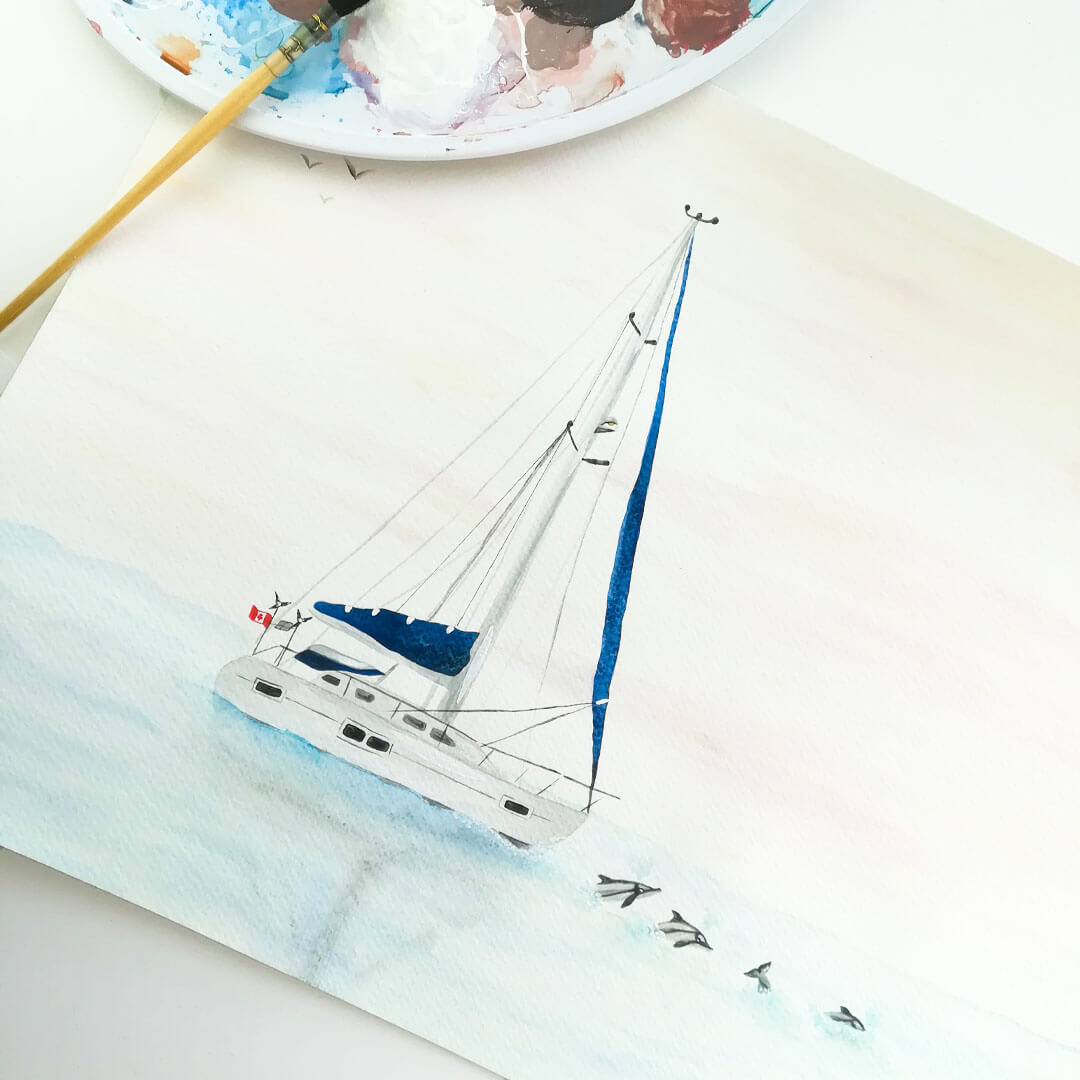 cinq aquarelle originale de Becca Borah avec un voilier