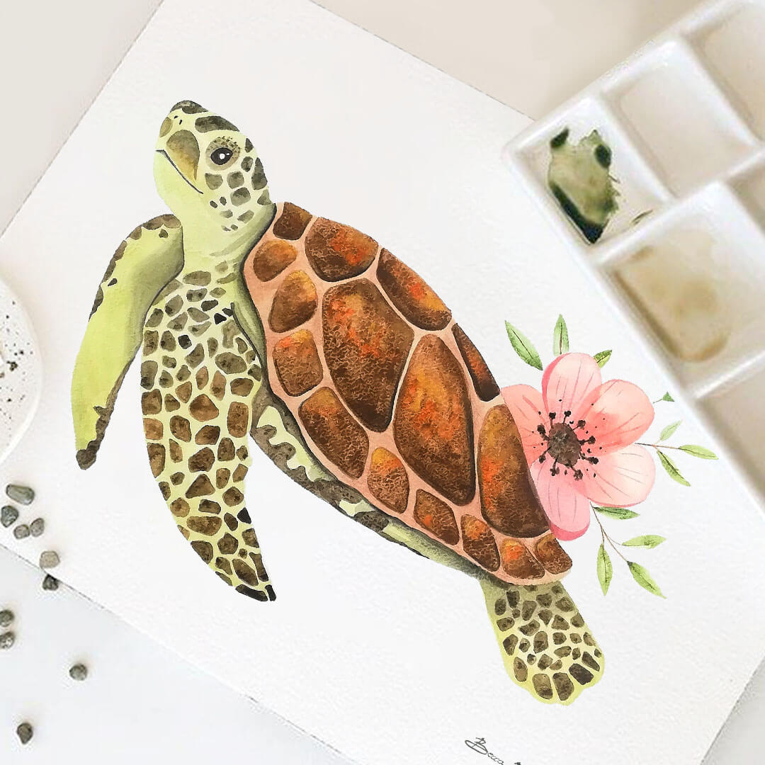 aquarelle originale de Becca Borah avec une tortue de mer
