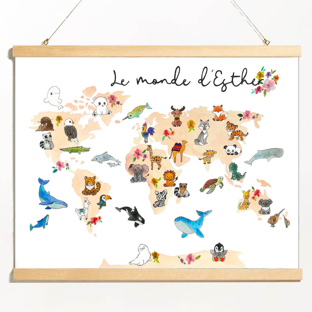 aquarelle originale de Becca Borah avec une carte du monde avec des animaux